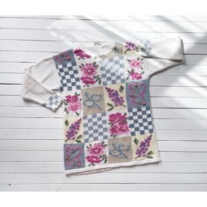 cottagecore sweater 80s 90s vintage white pink floral embroidered sweater‎